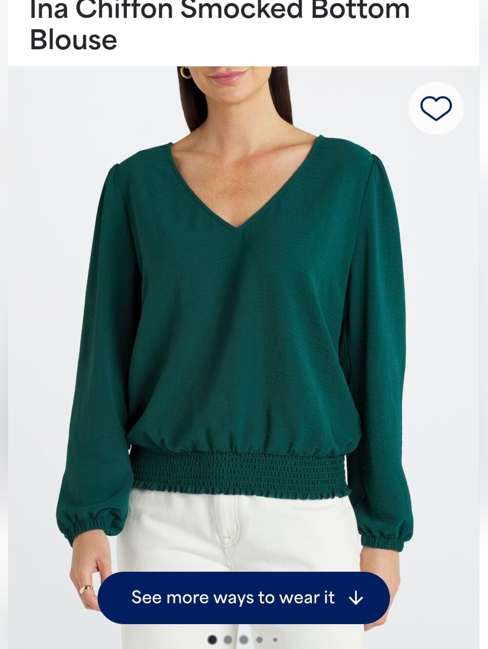 Ina V-Neck Smocked-Hem Blouse in Teal Green
